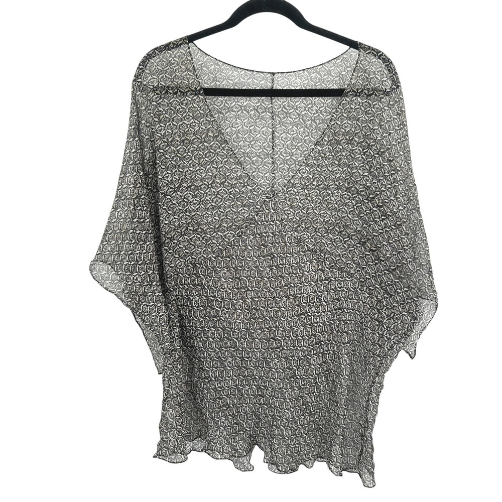 Sheer Etherial Boho Blouse XL Black White Flowy Layer Swim Cover Cottagecore